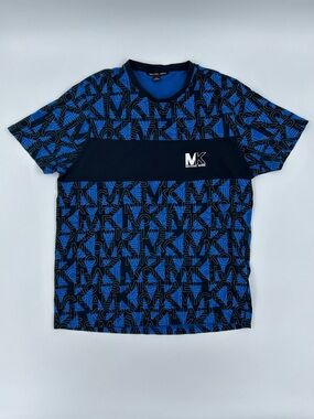 Michael Kors Blue All-Over MK Logo Short Sleeve Tee with Navy Chest Panel L